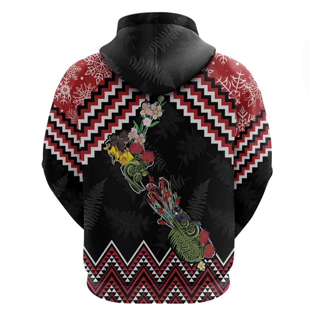 New Zealand Christmas Taniko Poutama Zip Hoodie Flora Map with Birds - Polynesian Pride