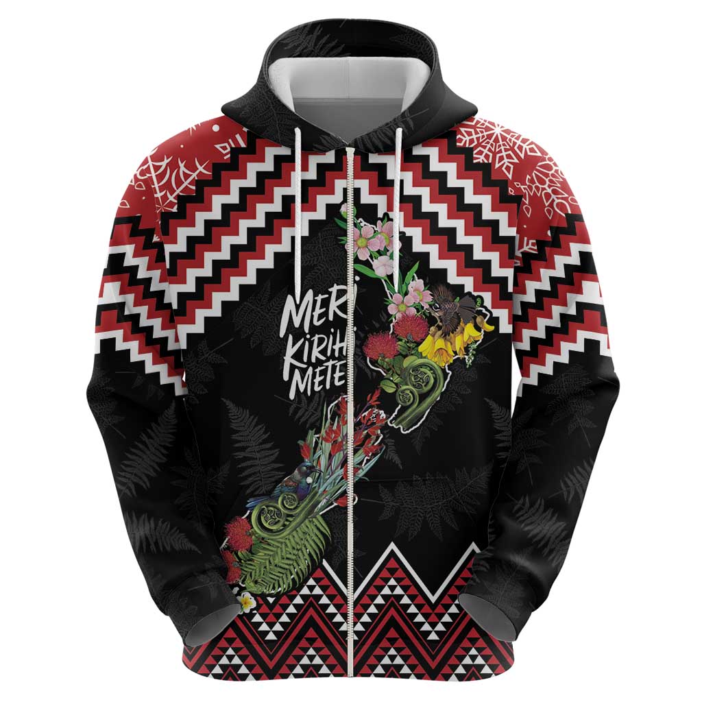 New Zealand Christmas Taniko Poutama Zip Hoodie Flora Map with Birds - Polynesian Pride