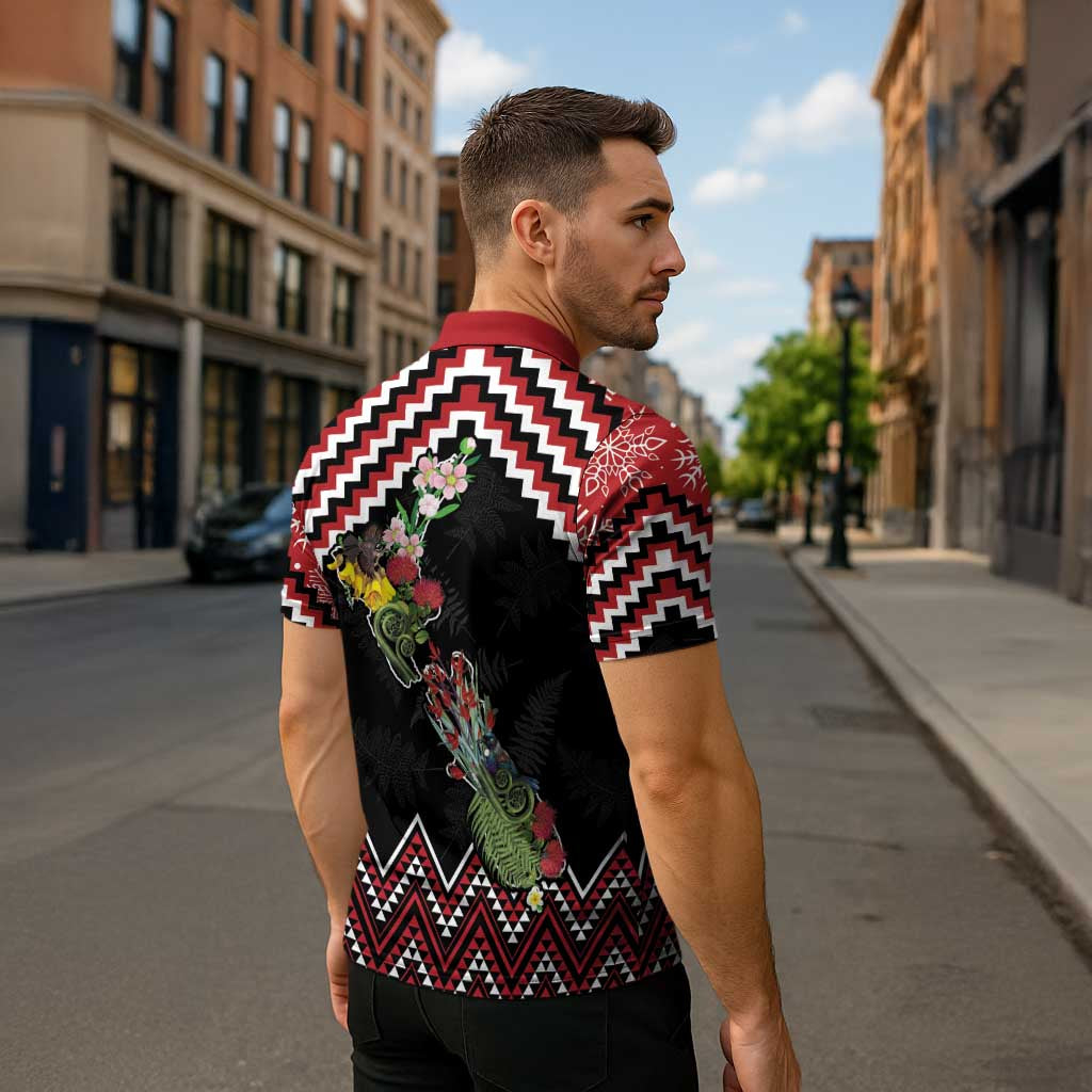 New Zealand Christmas Taniko Poutama Zipper Polo Shirt Flora Map with Birds - Polynesian Pride