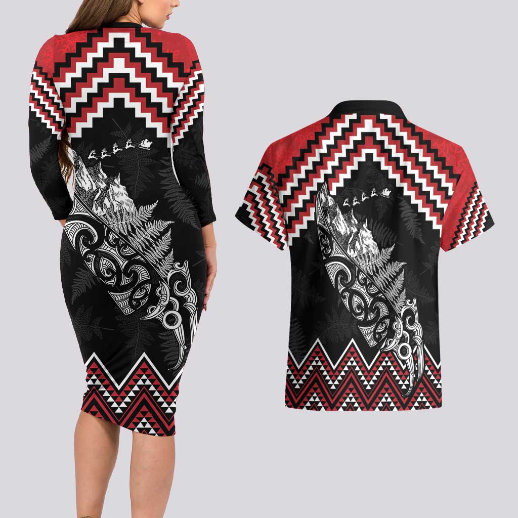 New Zealand Christmas Taniko Poutama Couples Matching Long Sleeve Bodycon Dress and Hawaiian Shirt Mountainscape Maori Fern - Polynesian Pride