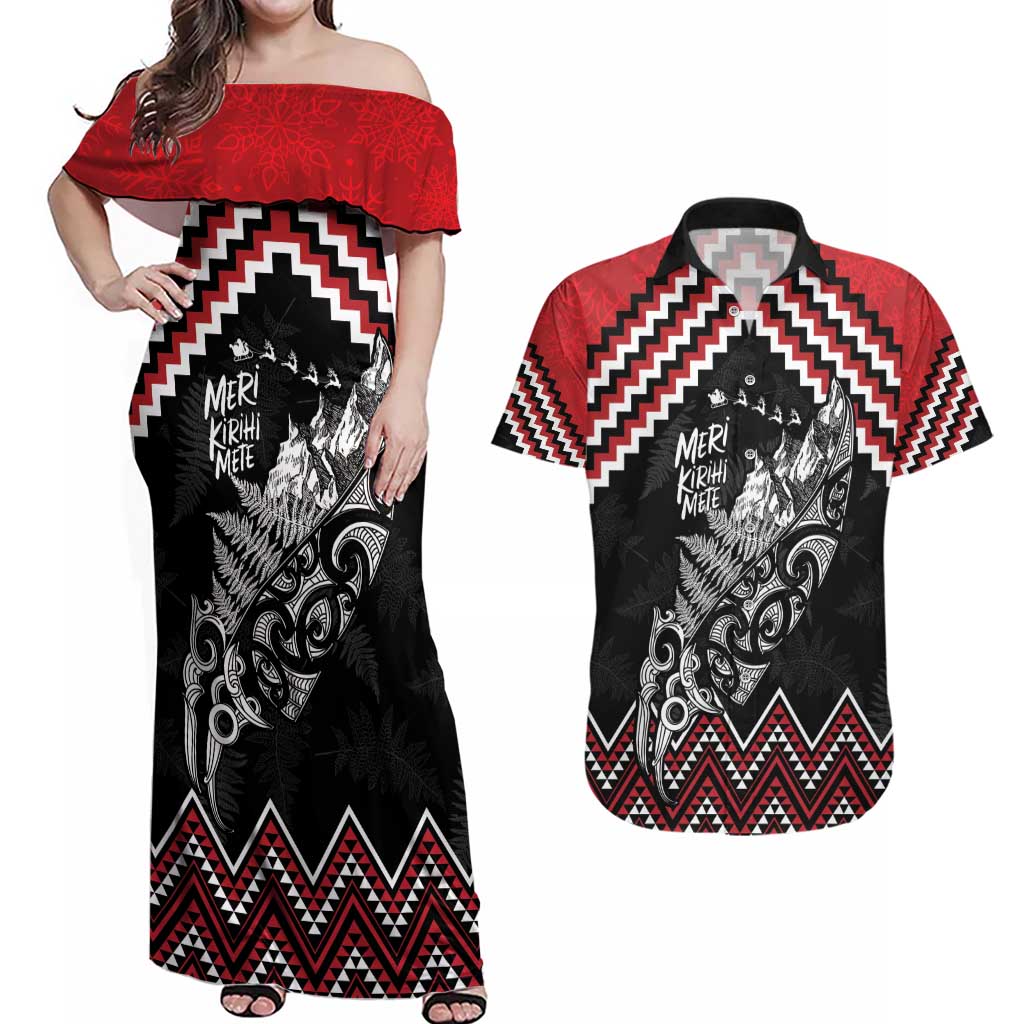 New Zealand Christmas Taniko Poutama Couples Matching Off Shoulder Maxi Dress and Hawaiian Shirt Mountainscape Maori Fern - Polynesian Pride