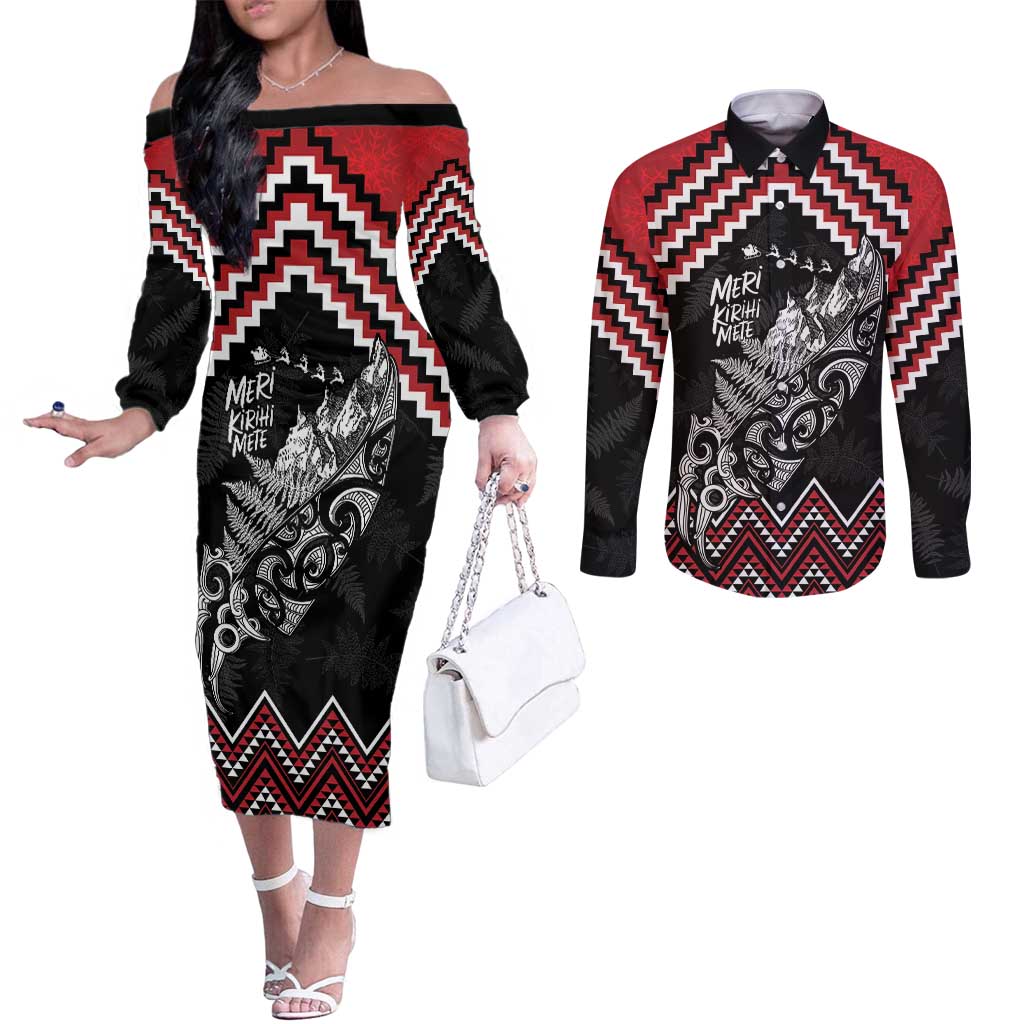 New Zealand Christmas Taniko Poutama Couples Matching Off The Shoulder Long Sleeve Dress and Long Sleeve Button Shirt Mountainscape Maori Fern - Polynesian Pride