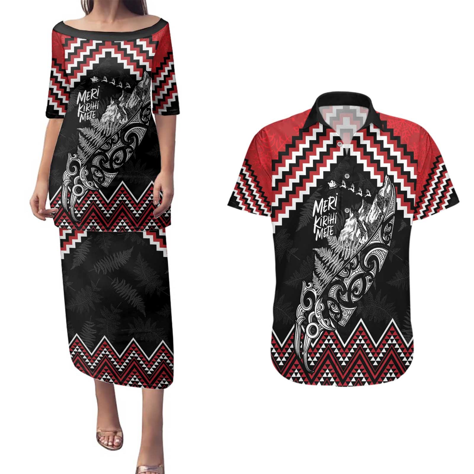 New Zealand Christmas Taniko Poutama Couples Matching Puletasi and Hawaiian Shirt Mountainscape Maori Fern - Polynesian Pride