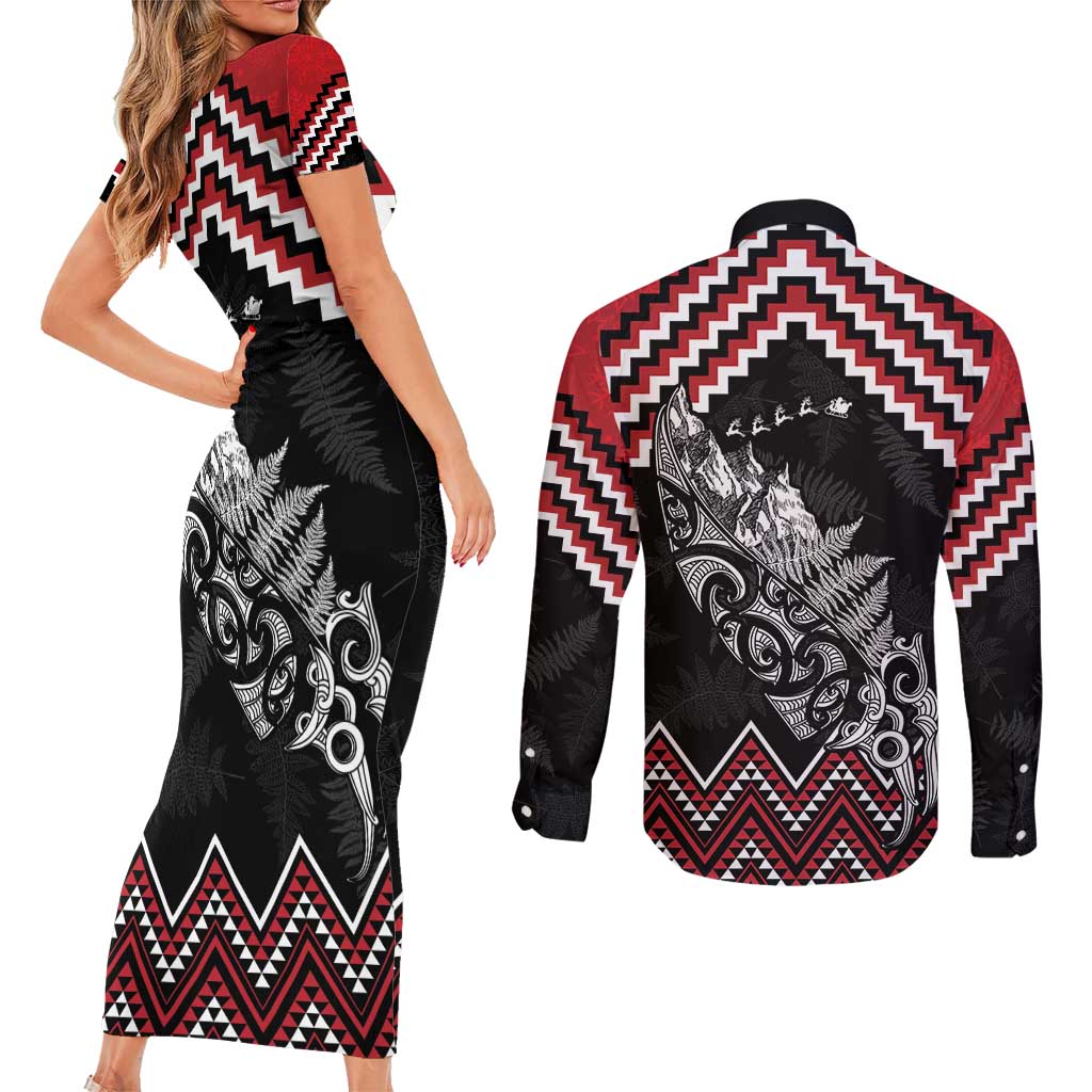 New Zealand Christmas Taniko Poutama Couples Matching Short Sleeve Bodycon Dress and Long Sleeve Button Shirt Mountainscape Maori Fern - Polynesian Pride