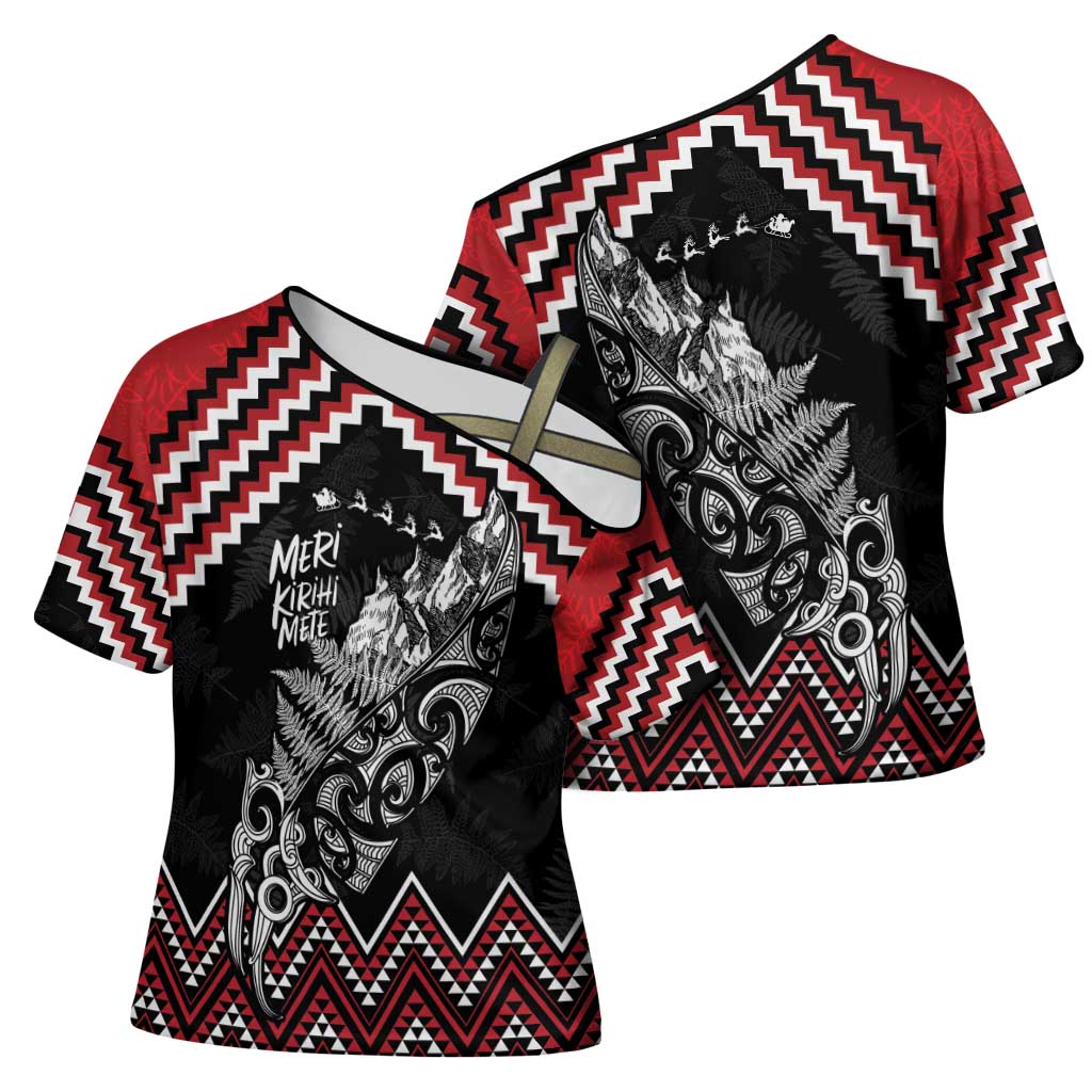 New Zealand Christmas Taniko Poutama Cross Shoulder Shirt Mountainscape Maori Fern - Polynesian Pride