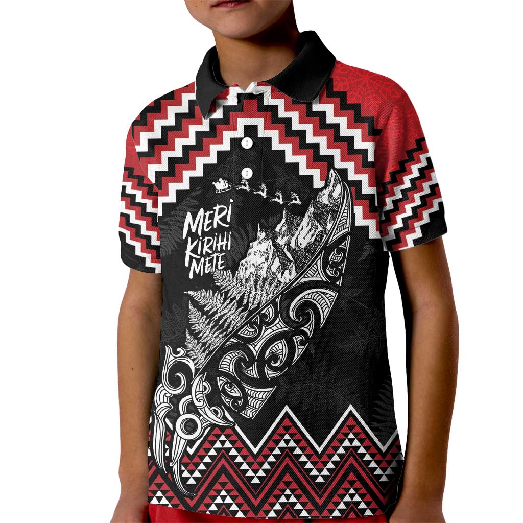 New Zealand Christmas Taniko Poutama Kid Polo Shirt Mountainscape Maori Fern - Polynesian Pride