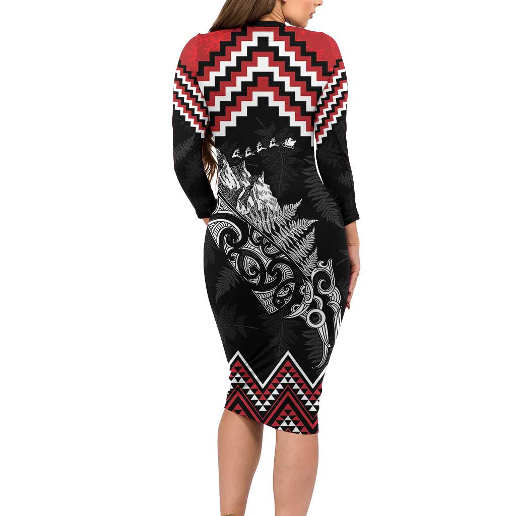 New Zealand Christmas Taniko Poutama Long Sleeve Bodycon Dress Mountainscape Maori Fern - Polynesian Pride