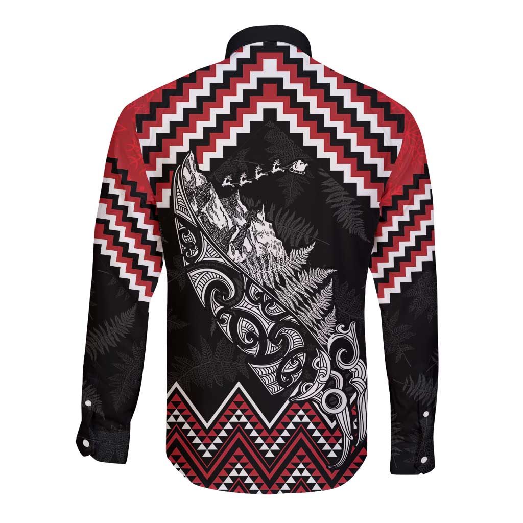 New Zealand Christmas Taniko Poutama Long Sleeve Button Shirt Mountainscape Maori Fern - Polynesian Pride