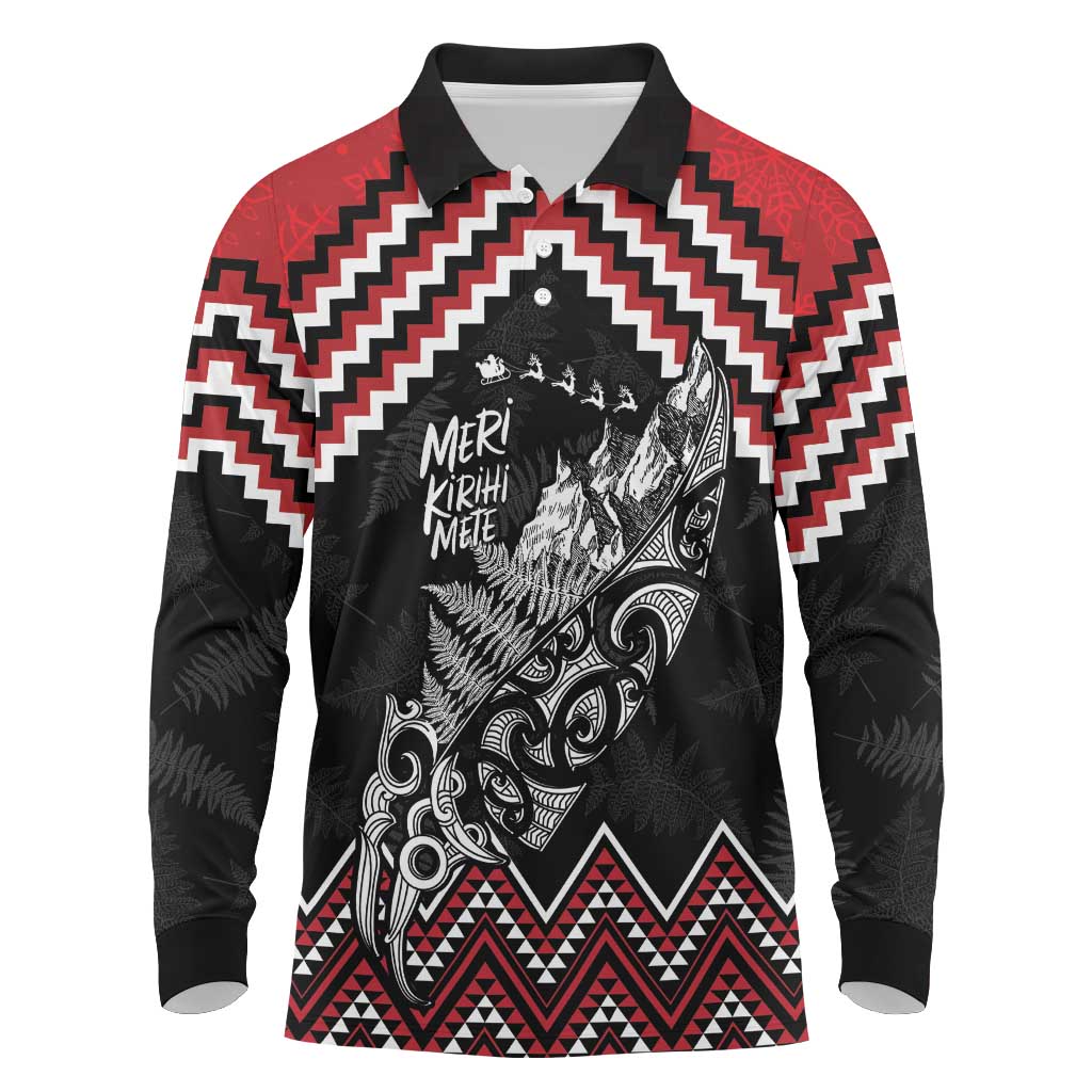 New Zealand Christmas Taniko Poutama Long Sleeve Polo Shirt Mountainscape Maori Fern - Polynesian Pride