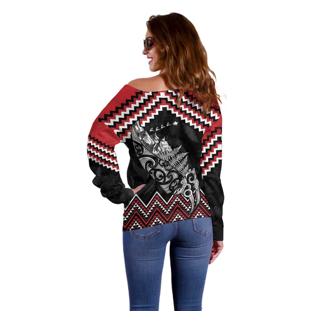 New Zealand Christmas Taniko Poutama Off Shoulder Sweater Mountainscape Maori Fern - Polynesian Pride