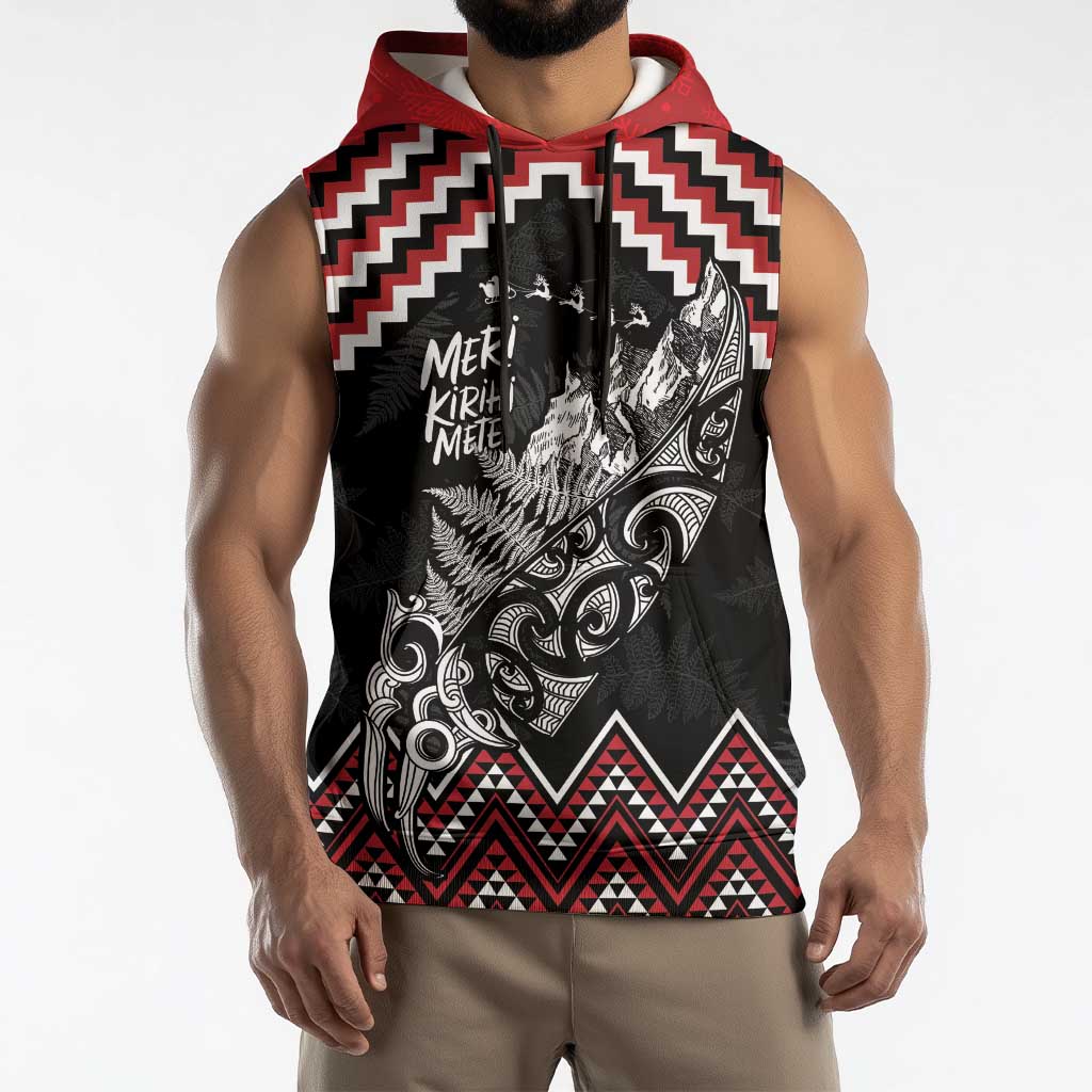 New Zealand Christmas Taniko Poutama Sleeveless Hoodie Mountainscape Maori Fern - Polynesian Pride