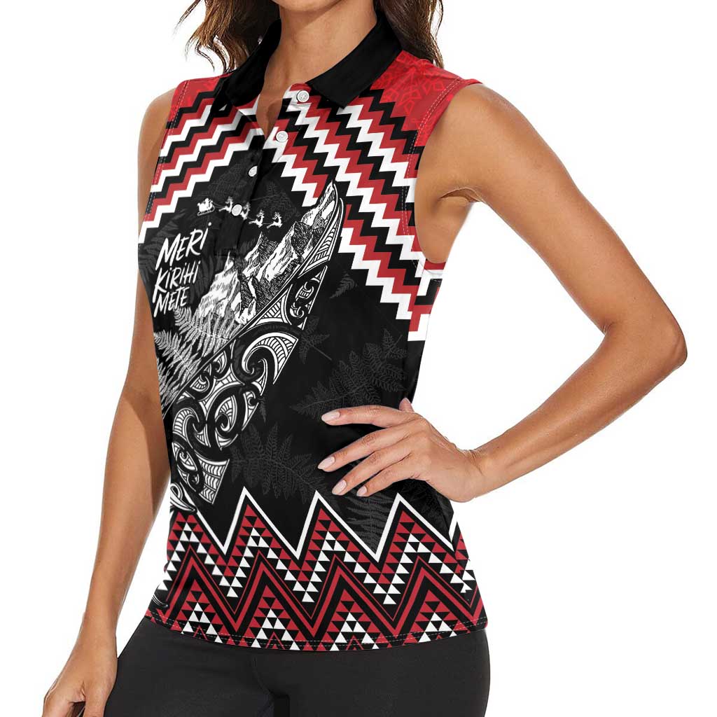 New Zealand Christmas Taniko Poutama Women Sleeveless Polo Shirt Mountainscape Maori Fern - Polynesian Pride