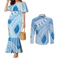 Bula Fiji Classic Masi Tapa Couples Matching Mermaid Dress and Long Sleeve Button Shirt Turquoise - Polynesian Pride