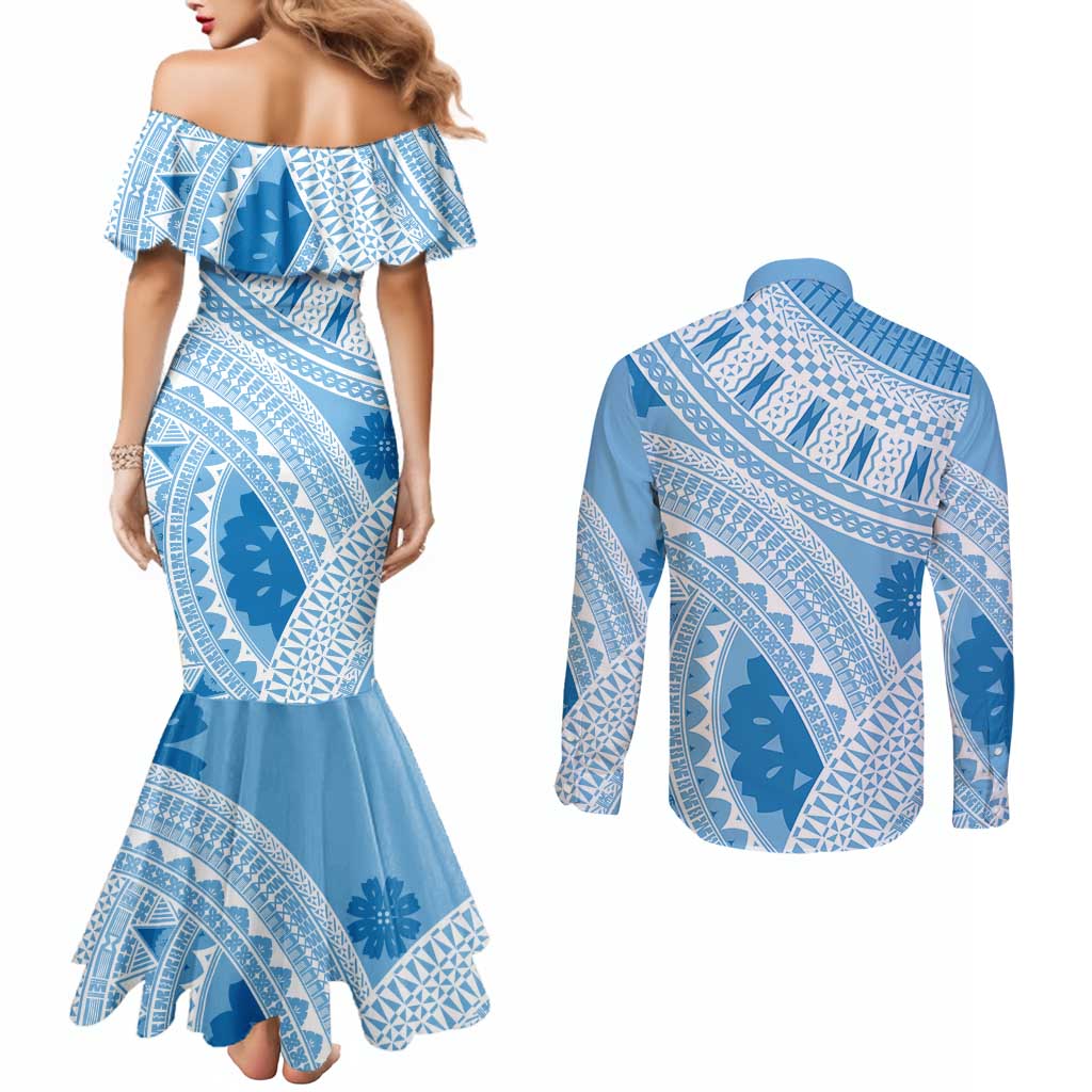Bula Fiji Classic Masi Tapa Couples Matching Mermaid Dress and Long Sleeve Button Shirt Turquoise - Polynesian Pride