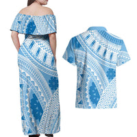 Bula Fiji Classic Masi Tapa Couples Matching Off Shoulder Maxi Dress and Hawaiian Shirt Turquoise - Polynesian Pride
