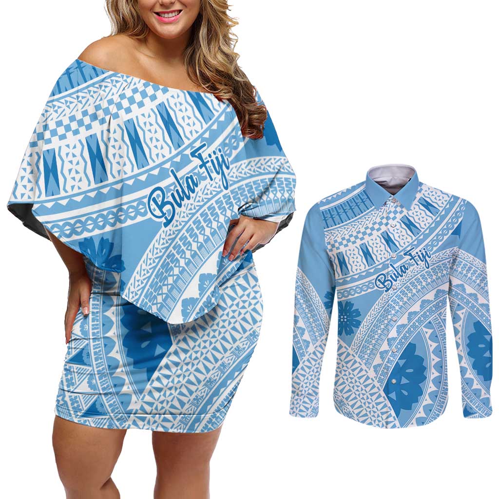 Bula Fiji Classic Masi Tapa Couples Matching Off Shoulder Short Dress and Long Sleeve Button Shirt Turquoise - Polynesian Pride