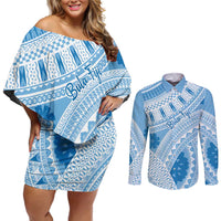 Bula Fiji Classic Masi Tapa Couples Matching Off Shoulder Short Dress and Long Sleeve Button Shirt Turquoise - Polynesian Pride