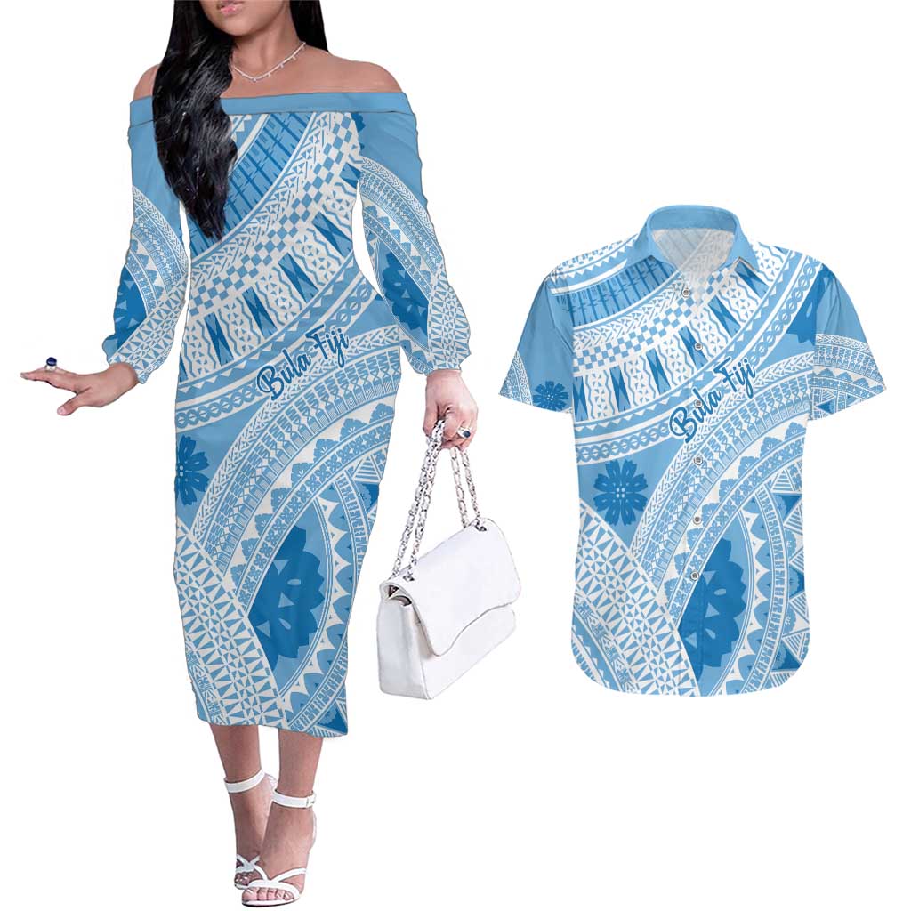Bula Fiji Classic Masi Tapa Couples Matching Off The Shoulder Long Sleeve Dress and Hawaiian Shirt Turquoise - Polynesian Pride