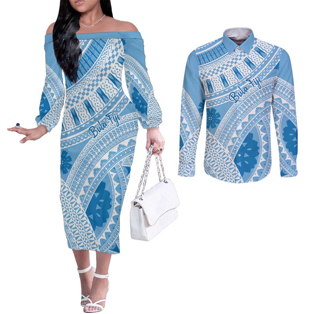 Bula Fiji Classic Masi Tapa Couples Matching Off The Shoulder Long Sleeve Dress and Long Sleeve Button Shirt Turquoise - Polynesian Pride