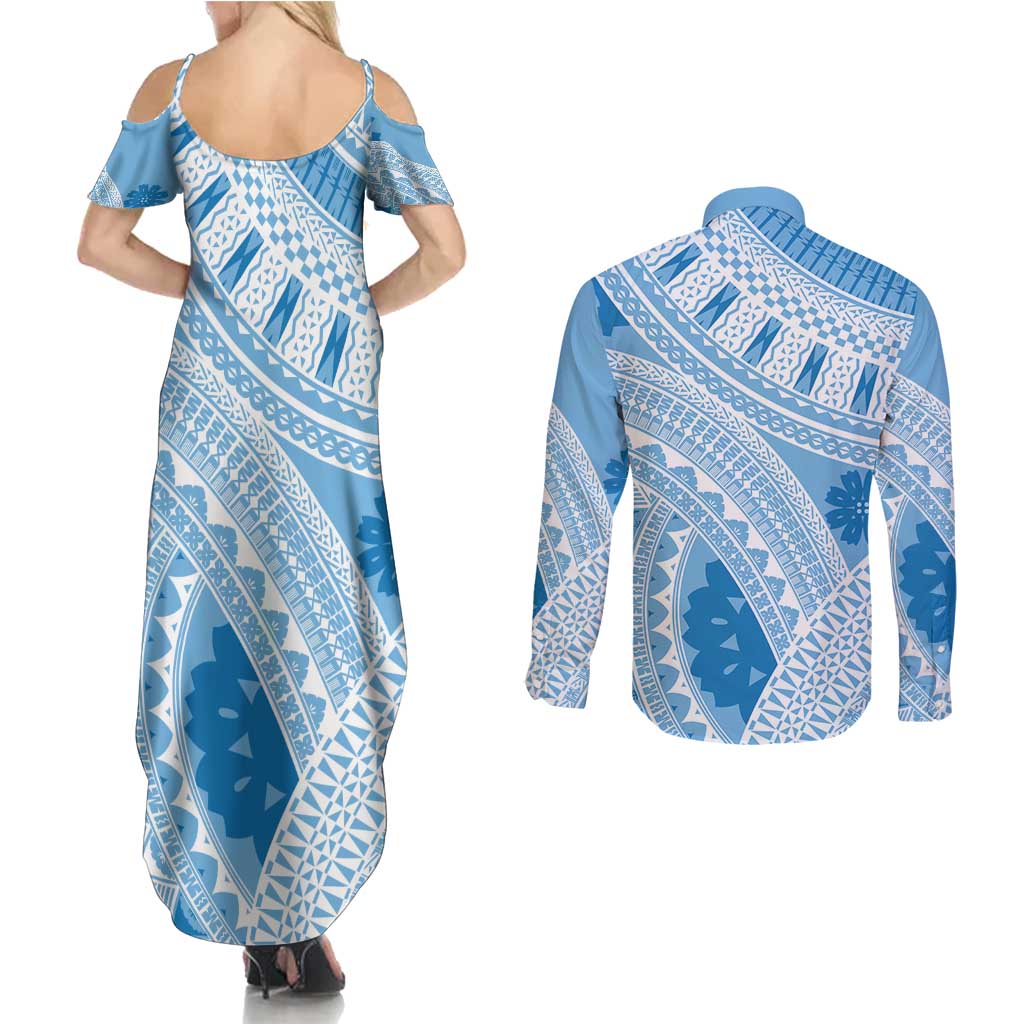 Bula Fiji Classic Masi Tapa Couples Matching Summer Maxi Dress and Long Sleeve Button Shirt Turquoise - Polynesian Pride
