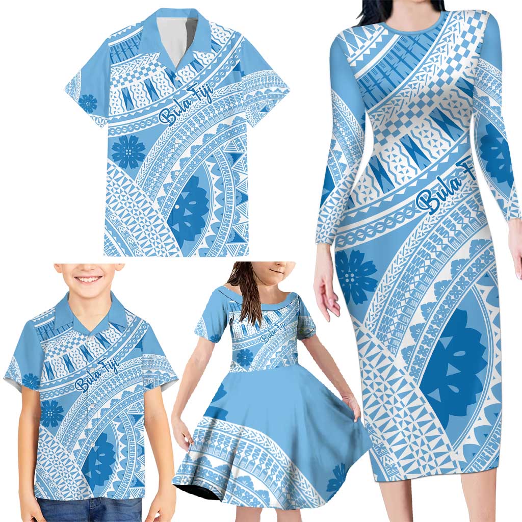 Bula Fiji Classic Masi Tapa Family Matching Long Sleeve Bodycon Dress and Hawaiian Shirt Turquoise - Polynesian Pride