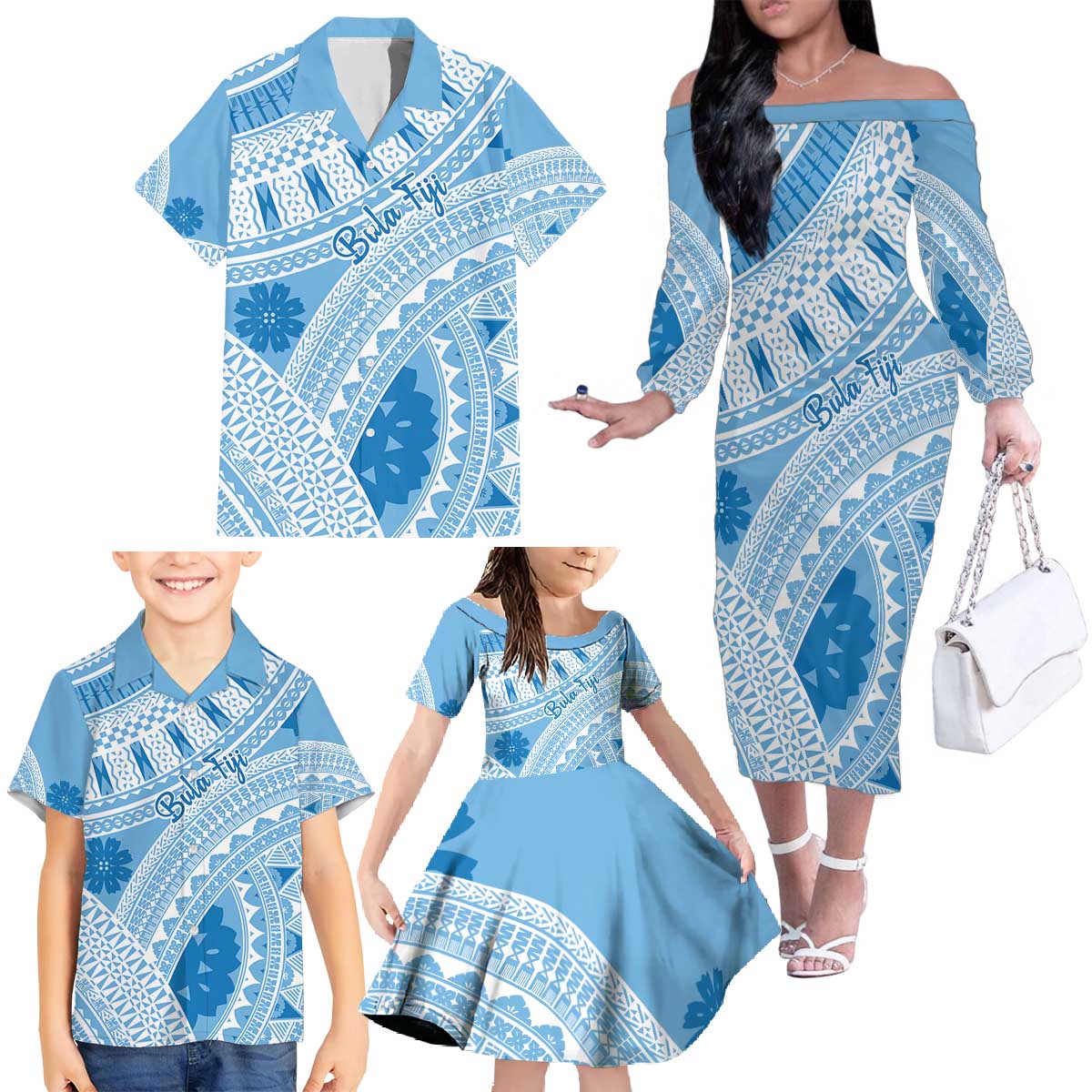 Bula Fiji Classic Masi Tapa Family Matching Off The Shoulder Long Sleeve Dress and Hawaiian Shirt Turquoise - Polynesian Pride