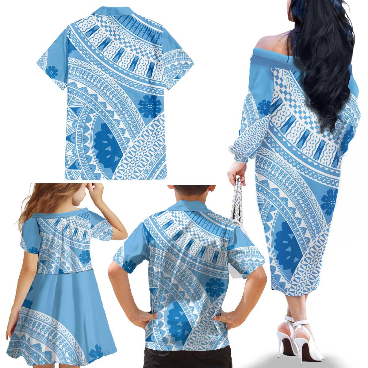 Bula Fiji Classic Masi Tapa Family Matching Off The Shoulder Long Sleeve Dress and Hawaiian Shirt Turquoise - Polynesian Pride