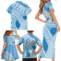 Bula Fiji Classic Masi Tapa Family Matching Short Sleeve Bodycon Dress and Hawaiian Shirt Turquoise - Polynesian Pride