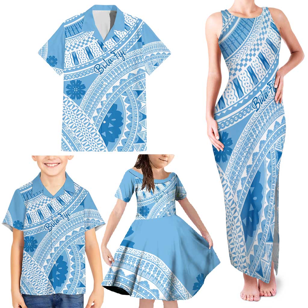 Bula Fiji Classic Masi Tapa Family Matching Tank Maxi Dress and Hawaiian Shirt Turquoise - Polynesian Pride