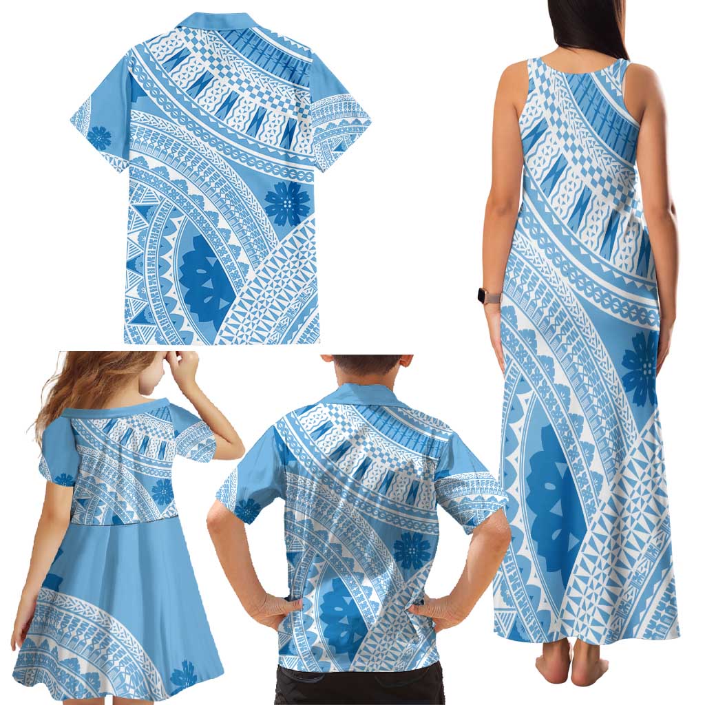 Bula Fiji Classic Masi Tapa Family Matching Tank Maxi Dress and Hawaiian Shirt Turquoise - Polynesian Pride