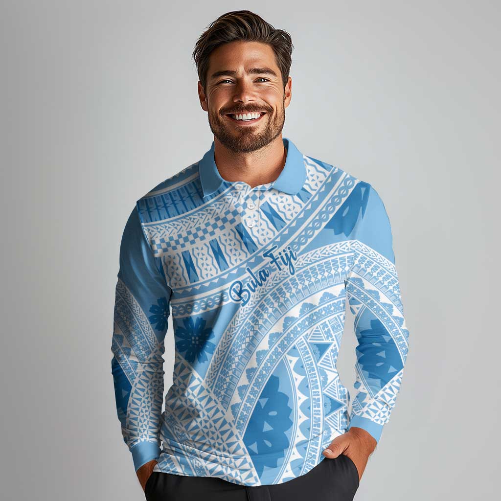 Bula Fiji Classic Masi Tapa Long Sleeve Polo Shirt Turquoise - Polynesian Pride
