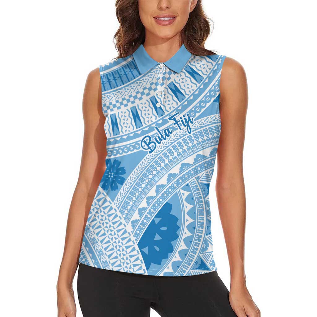 Bula Fiji Classic Masi Tapa Women Sleeveless Polo Shirt Turquoise - Polynesian Pride