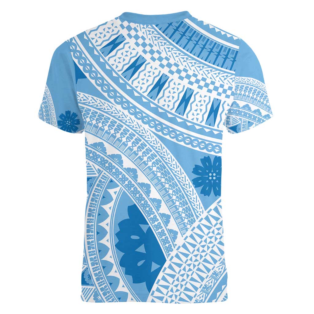 Bula Fiji Classic Masi Tapa Women V-Neck T-Shirt Turquoise - Polynesian Pride