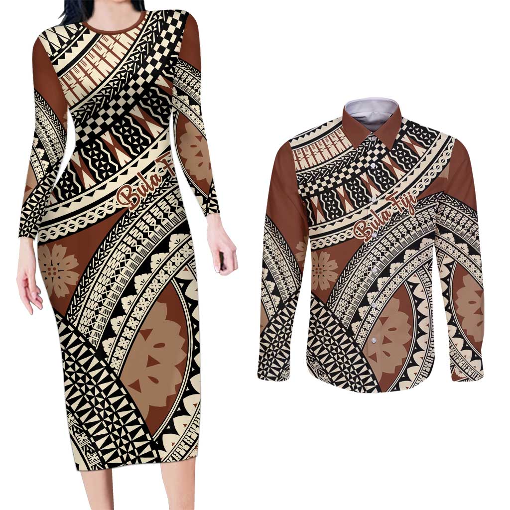 Bula Fiji Classic Masi Tapa Couples Matching Long Sleeve Bodycon Dress and Long Sleeve Button Shirt Vintage Brown - Polynesian Pride