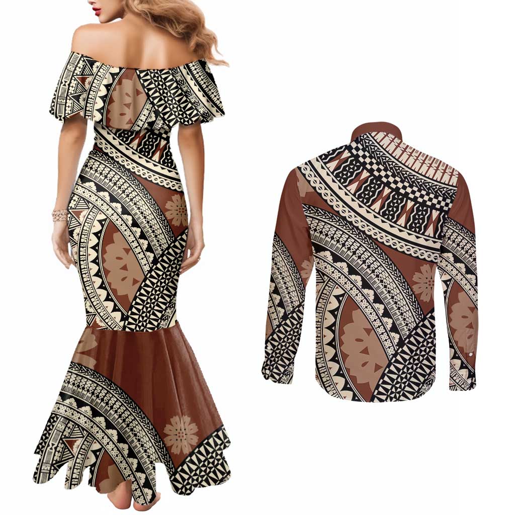 Bula Fiji Classic Masi Tapa Couples Matching Mermaid Dress and Long Sleeve Button Shirt Vintage Brown - Polynesian Pride