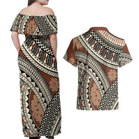 Bula Fiji Classic Masi Tapa Couples Matching Off Shoulder Maxi Dress and Hawaiian Shirt Vintage Brown - Polynesian Pride