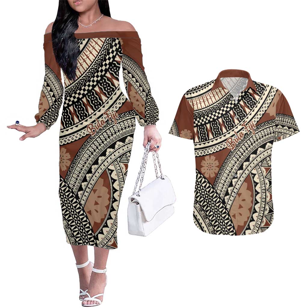 Bula Fiji Classic Masi Tapa Couples Matching Off The Shoulder Long Sleeve Dress and Hawaiian Shirt Vintage Brown - Polynesian Pride