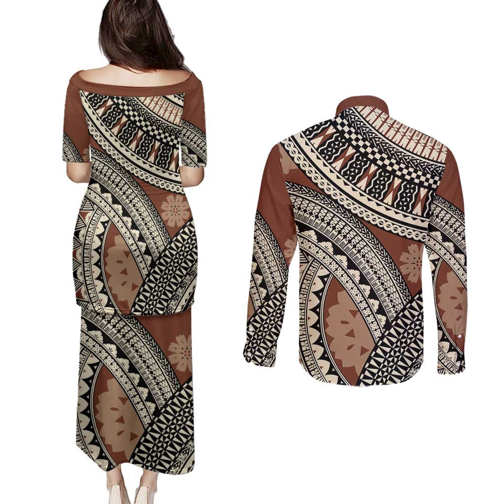 Bula Fiji Classic Masi Tapa Couples Matching Puletasi and Long Sleeve Button Shirt Vintage Brown - Polynesian Pride