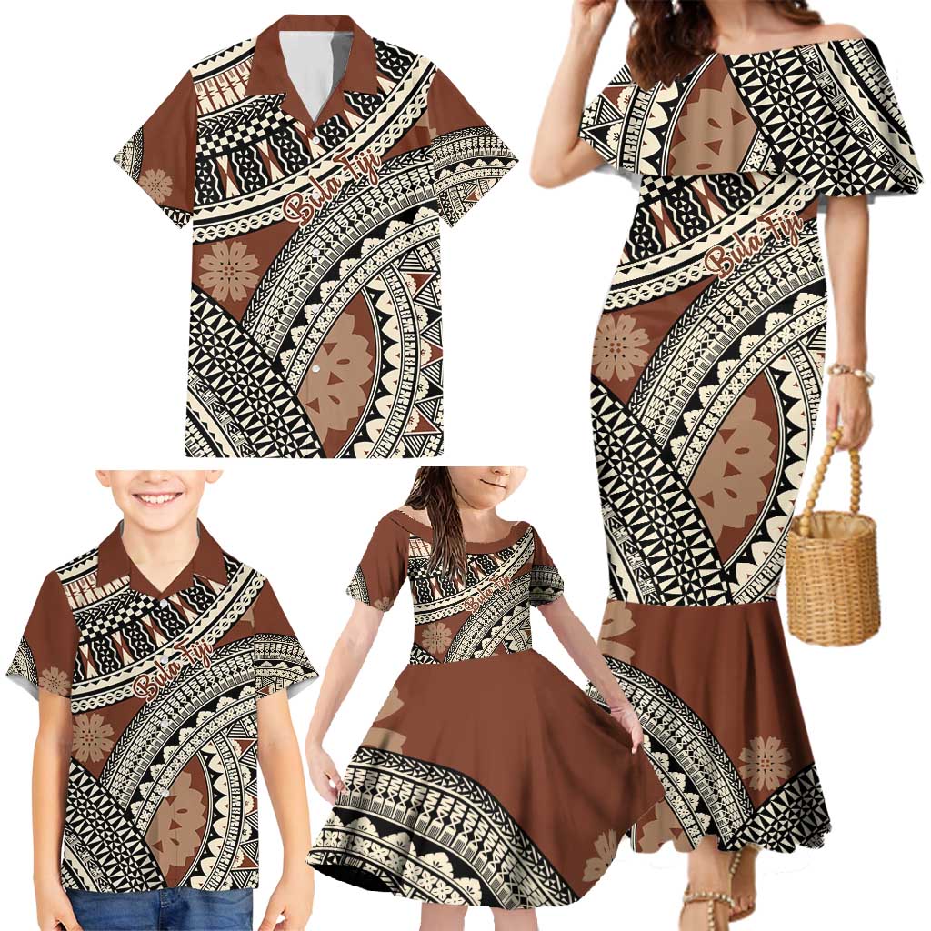 Bula Fiji Classic Masi Tapa Family Matching Mermaid Dress and Hawaiian Shirt Vintage Brown - Polynesian Pride