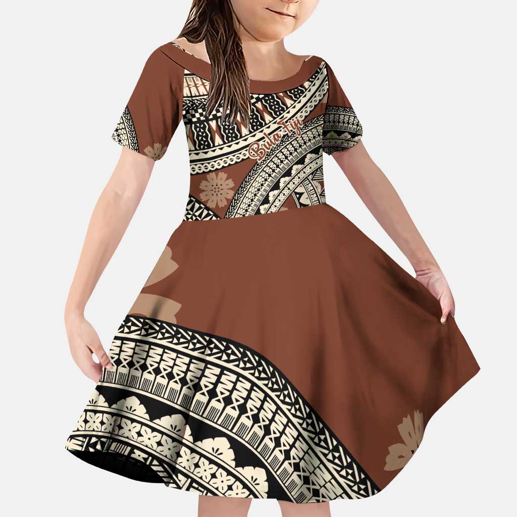 Bula Fiji Classic Masi Tapa Family Matching Puletasi and Hawaiian Shirt Vintage Brown LT7 Daughter's Dress Brown - Polynesian Pride