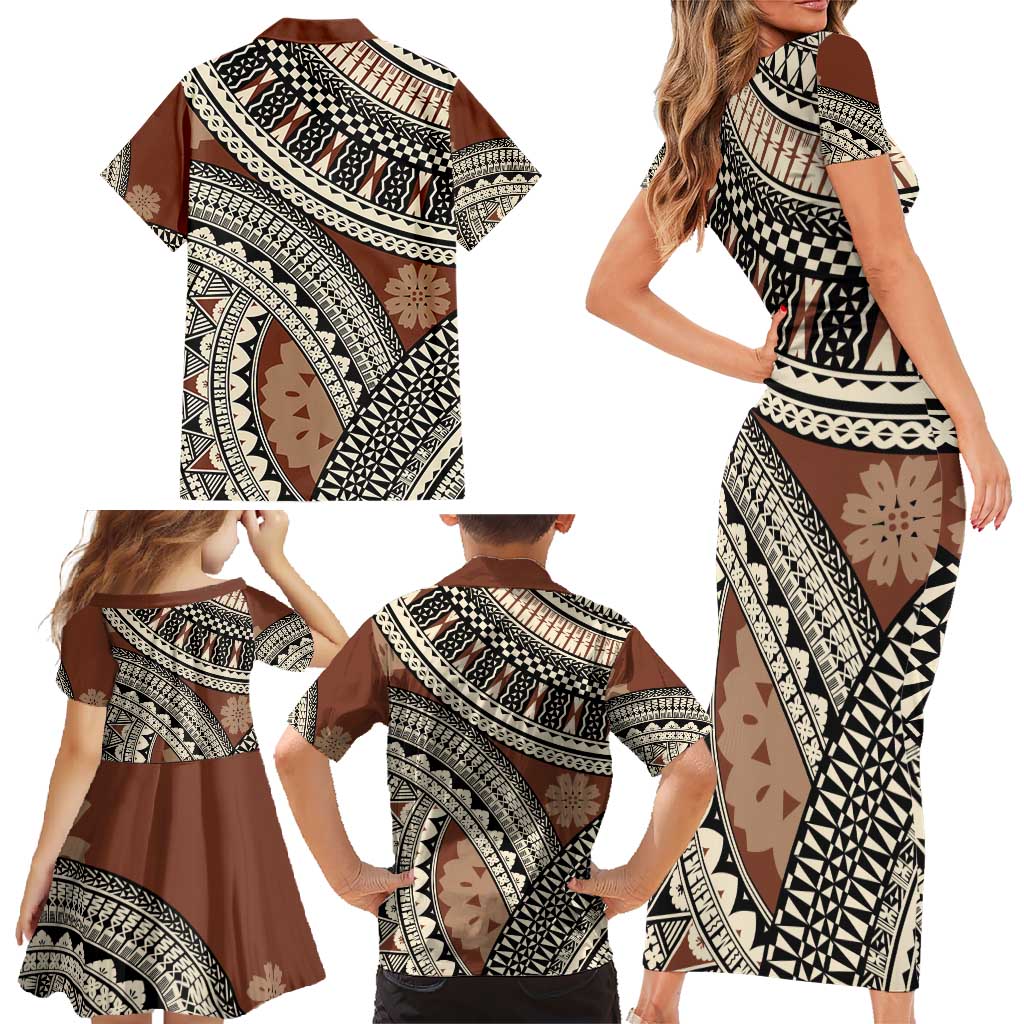 Bula Fiji Classic Masi Tapa Family Matching Short Sleeve Bodycon Dress and Hawaiian Shirt Vintage Brown - Polynesian Pride