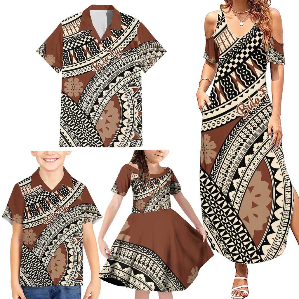 Bula Fiji Classic Masi Tapa Family Matching Summer Maxi Dress and Hawaiian Shirt Vintage Brown - Polynesian Pride
