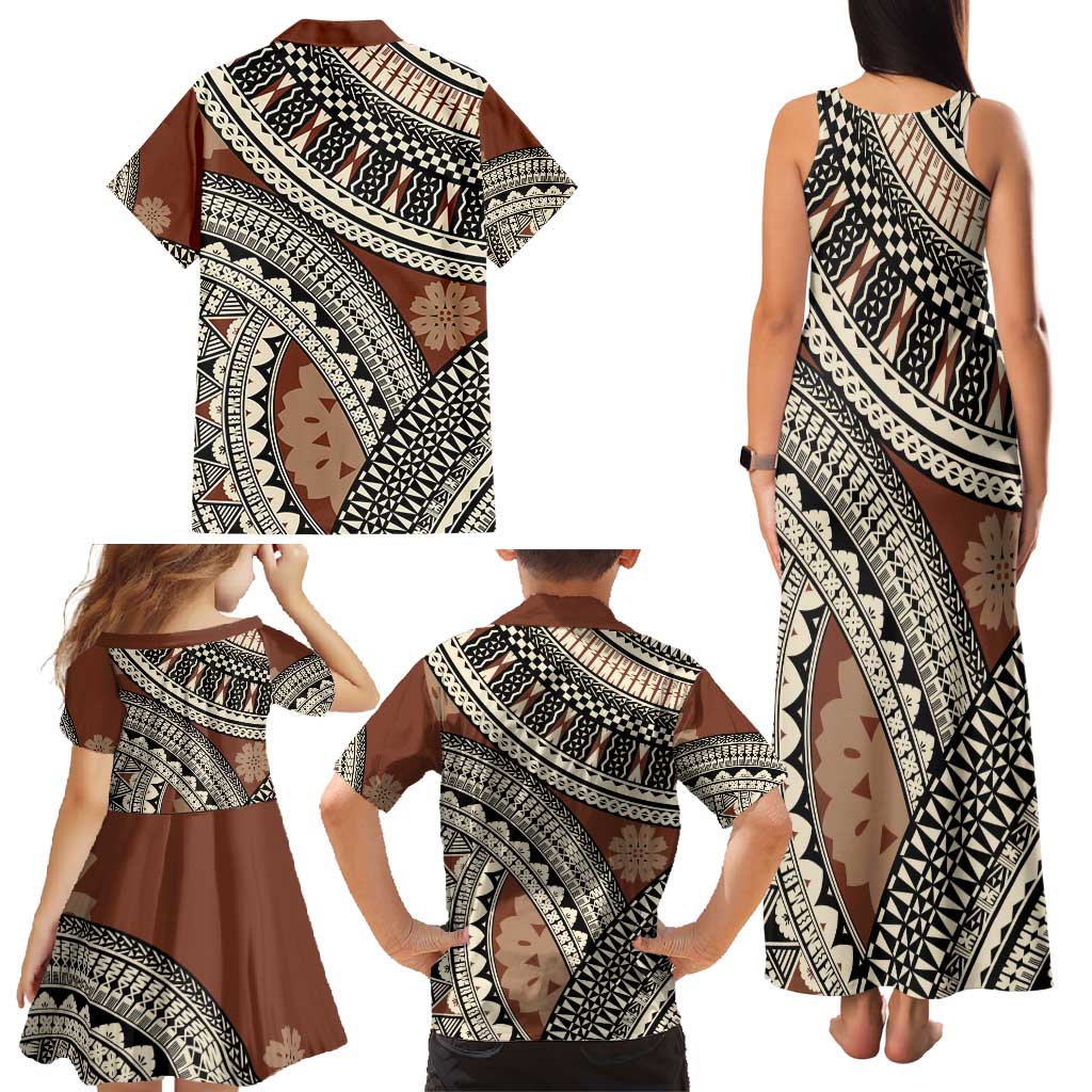 Bula Fiji Classic Masi Tapa Family Matching Tank Maxi Dress and Hawaiian Shirt Vintage Brown - Polynesian Pride