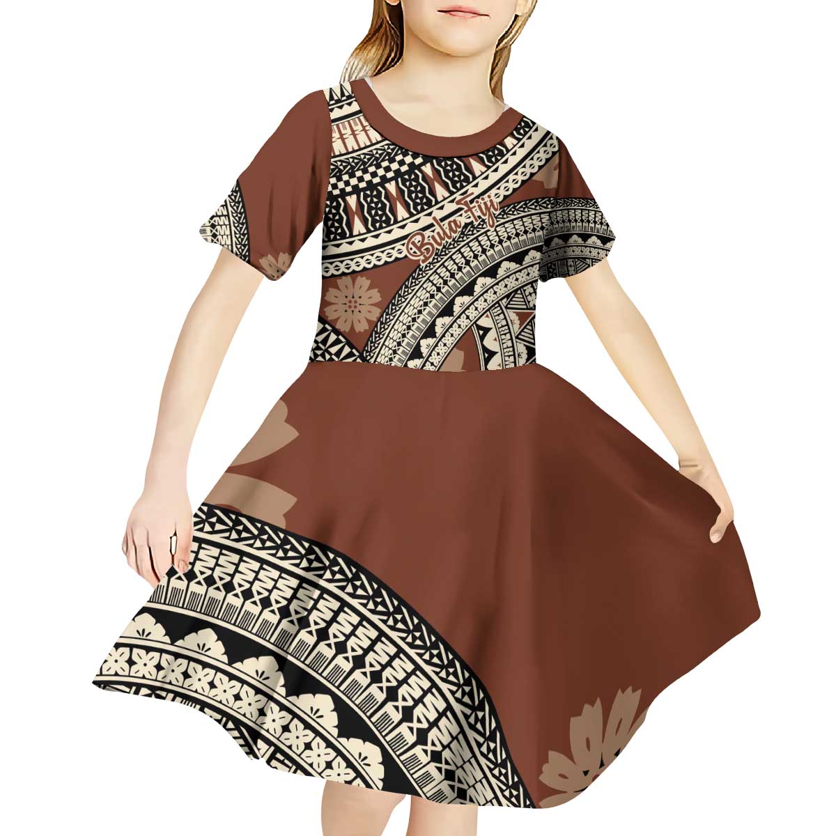 Bula Fiji Classic Masi Tapa Kid Short Sleeve Dress Vintage Brown - Polynesian Pride