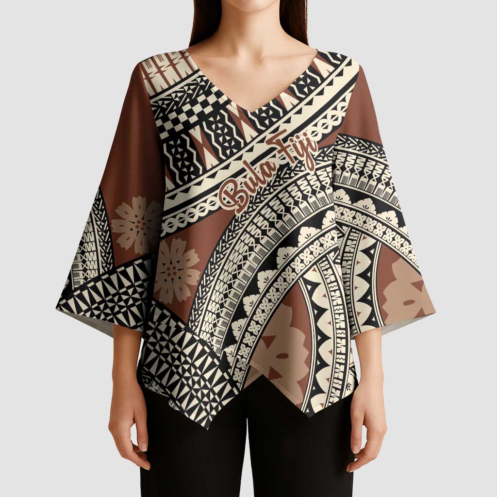 Bula Fiji Classic Masi Tapa Kimono Sleeve Blouse Vintage Brown - Polynesian Pride