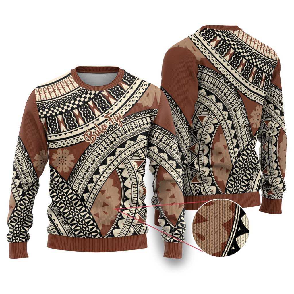 Bula Fiji Classic Masi Tapa Ugly Christmas Sweater Vintage Brown - Polynesian Pride
