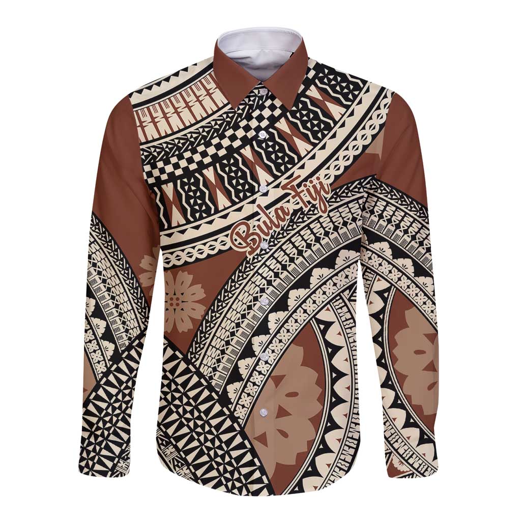 Bula Fiji Classic Masi Tapa Long Sleeve Button Shirt Vintage Brown - Polynesian Pride