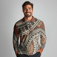Bula Fiji Classic Masi Tapa Long Sleeve Polo Shirt Vintage Brown - Polynesian Pride