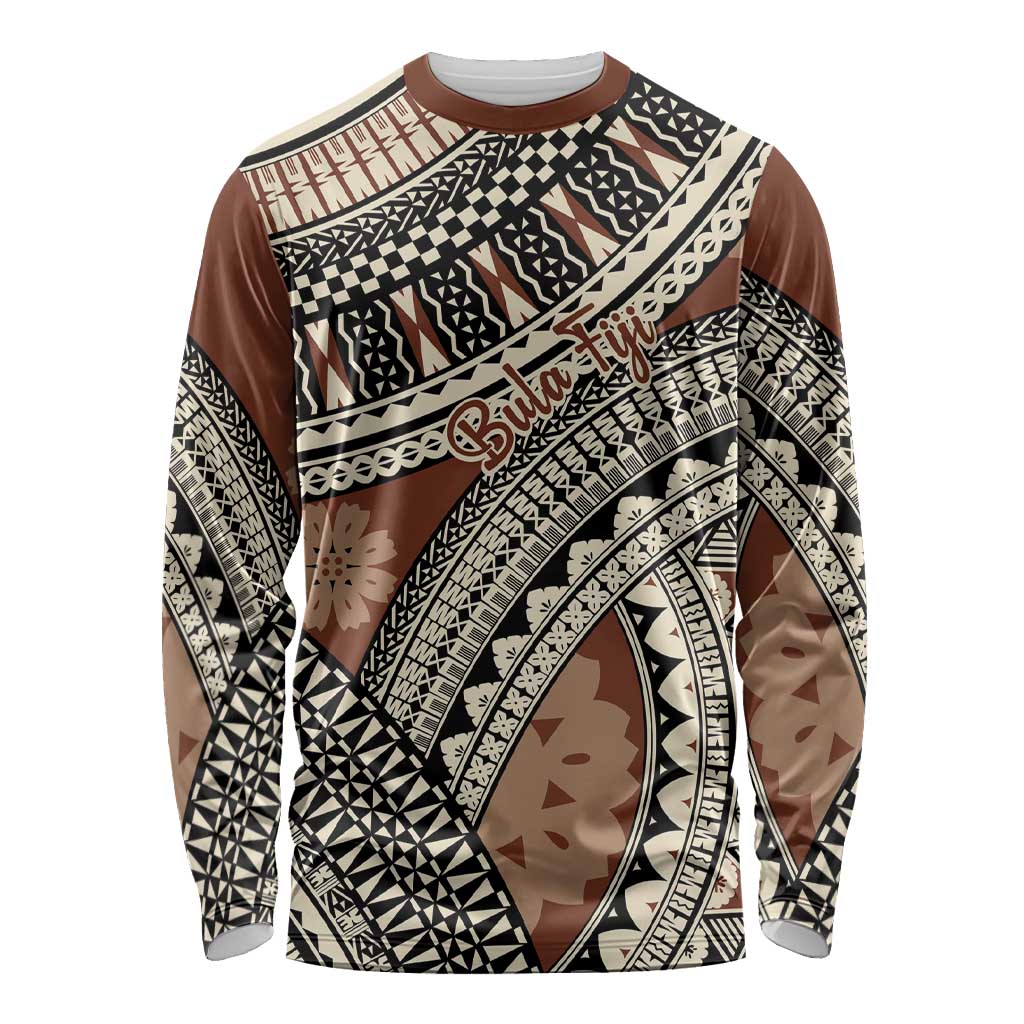 Bula Fiji Classic Masi Tapa Long Sleeve Shirt Vintage Brown - Polynesian Pride