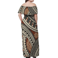 Bula Fiji Classic Masi Tapa Off Shoulder Maxi Dress Vintage Brown - Polynesian Pride